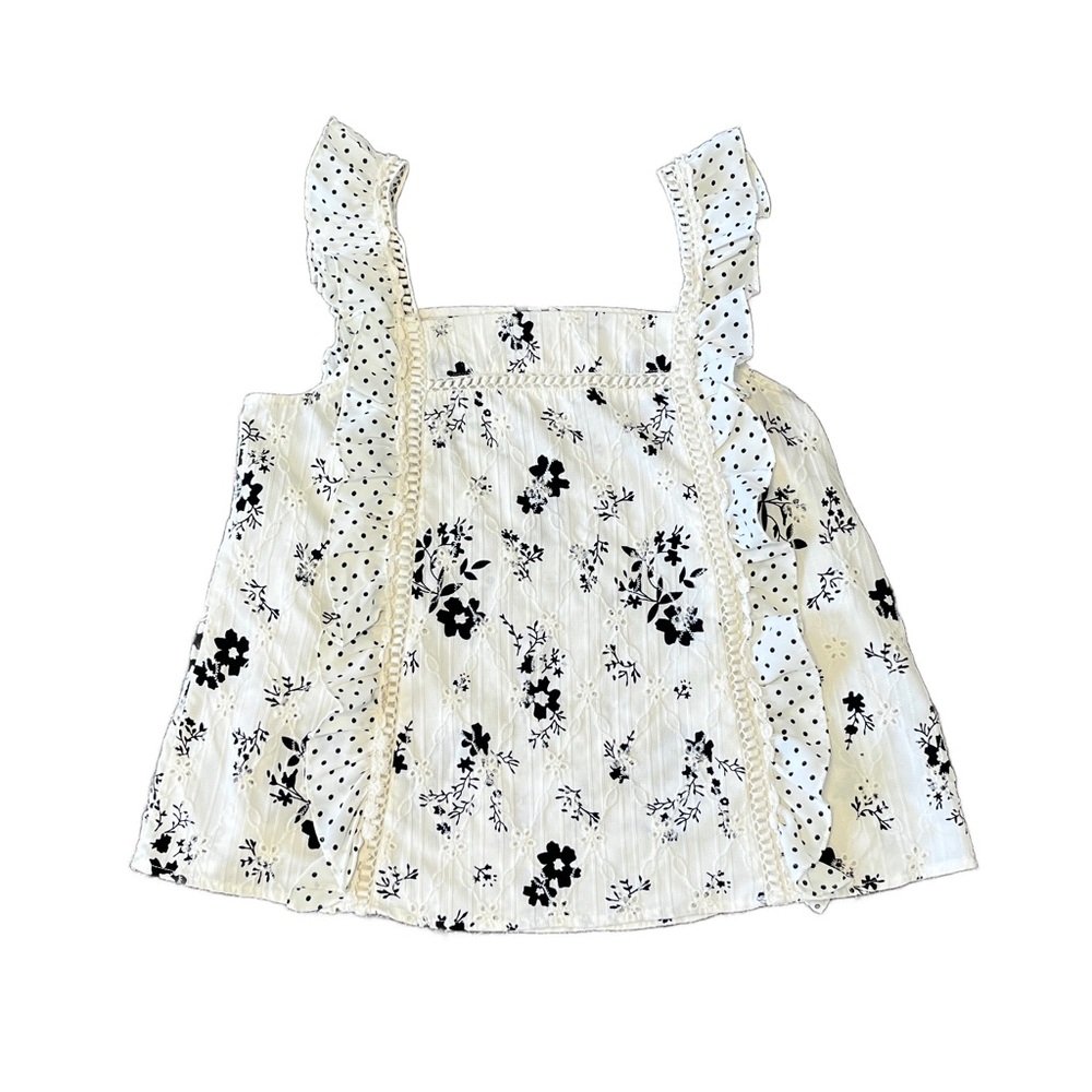 DAVI & DANI Floral Ruffle Tank Top - Black and White Size M